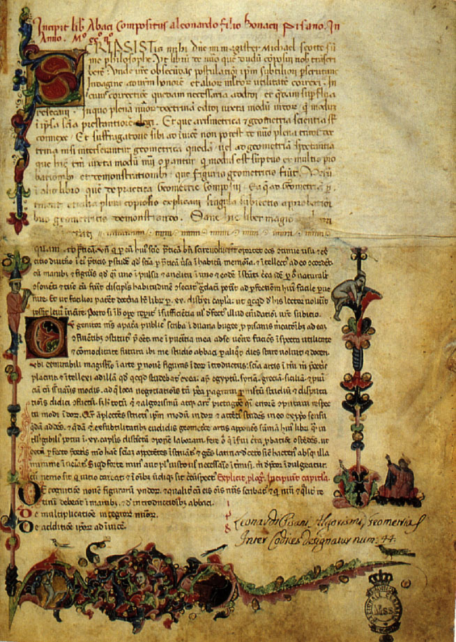 La prima pagina del Liber abaci<br>(Biblioteca Nazionale Centrale di Firenze)