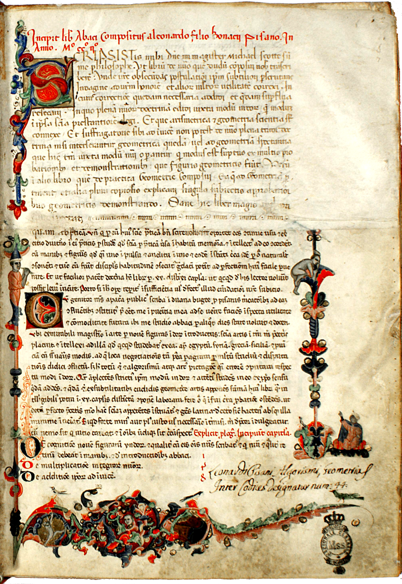 pagina iniziale del Liber abaci<br>Conv. Sopp. C.I. 2616, BNCF,  folio 1 recto