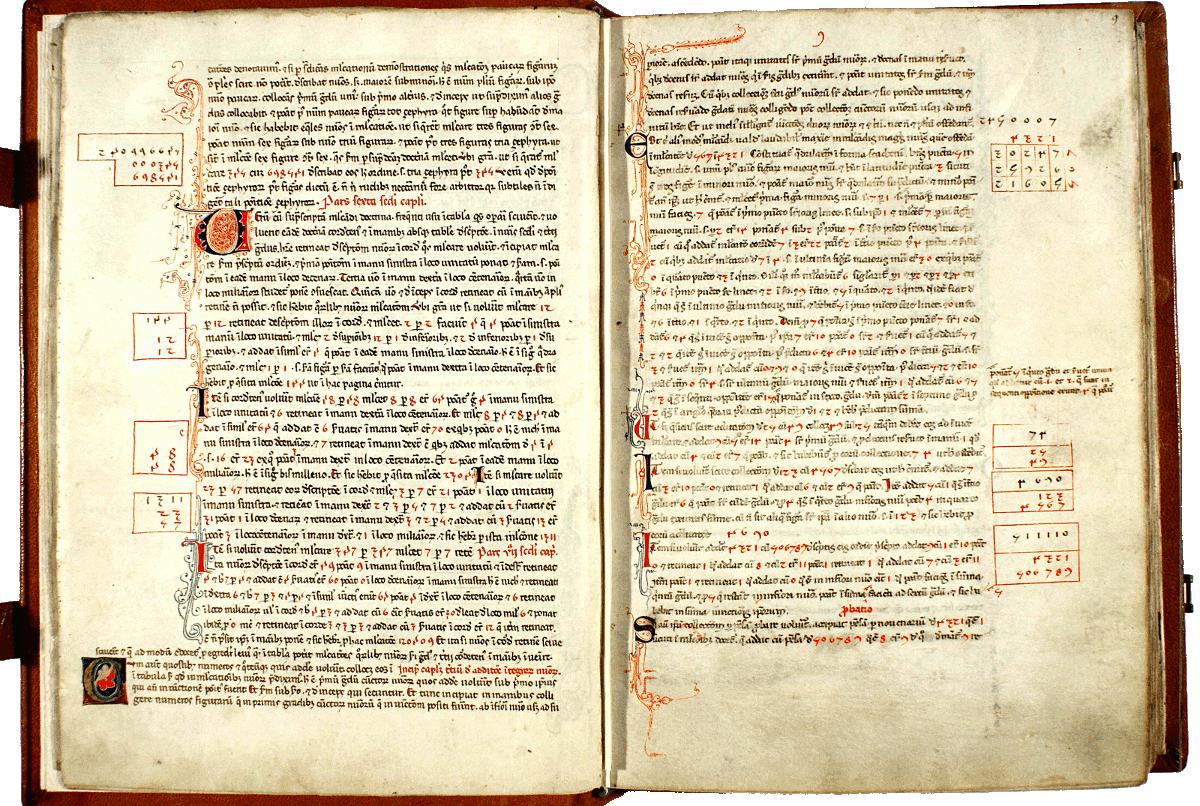 pagina iniziale capitolo terzo del Liber abaci<br>Conv. Sopp. C.I. 2616, BNCF,  folio 8 verso e folio 9 recto