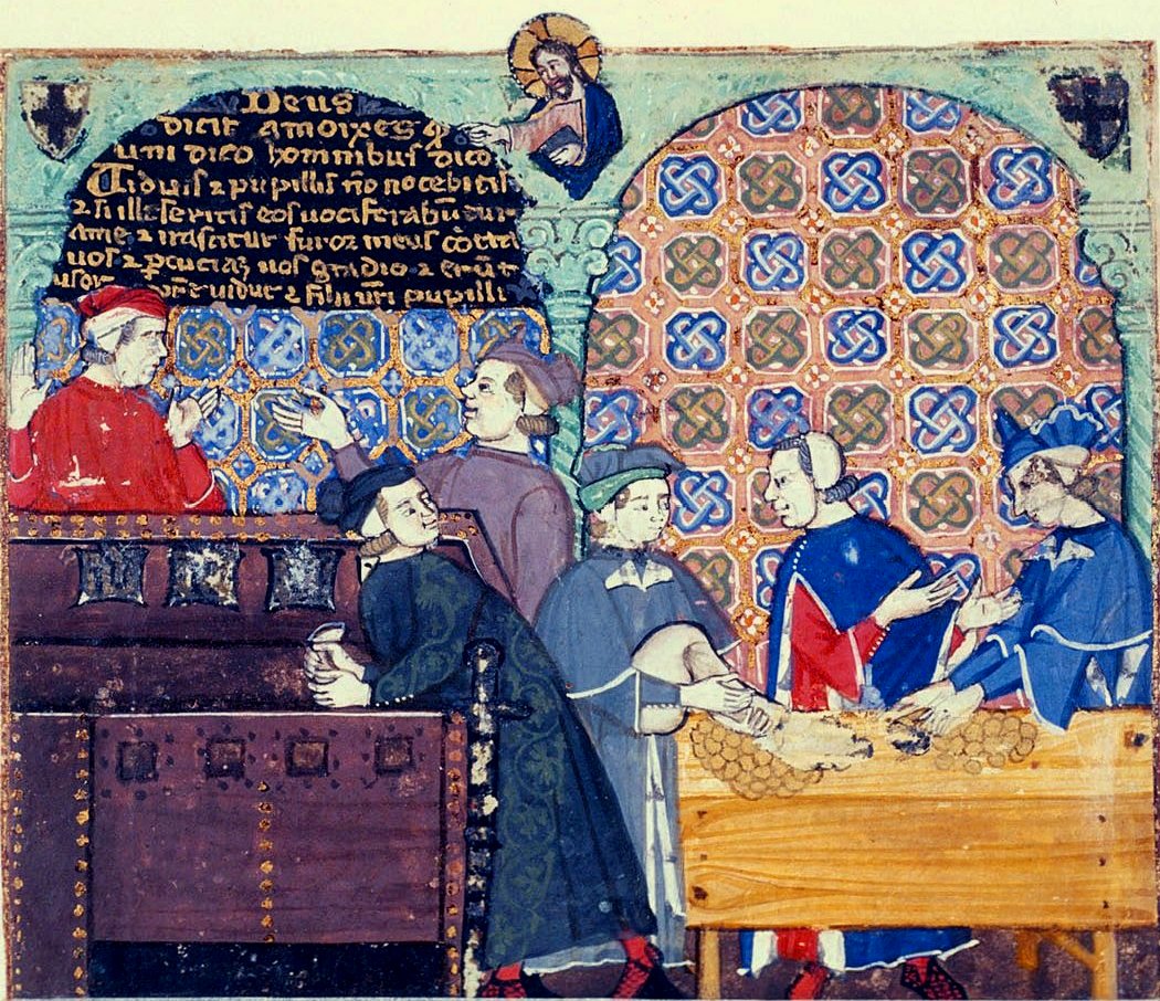 L’attività di una banca medievale come allegoria dell’avarizia <br> Miniatura dal Trattato sui Sette Vizi Capitali di Cocarelli, Genova, 1330-1340.