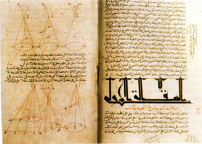 Pagine di un manoscritto contenente  le Coniche di Apollonio <br>nella traduzione diHilāl ibn Hilāl al-Himisi e di Tābit ibn Qurra.<br> Museo Aya Sofya Istambul